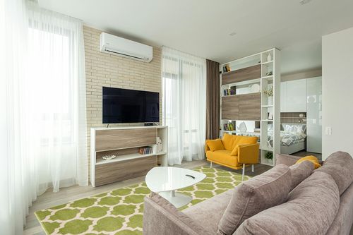 Unique Loom Trellis Collection Area Rug - Philadelphia (8'x 10' Rectangle, Light Green/ Beige) in Light Modern Living Room with TV