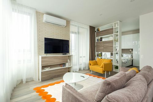 Beige & Orange Irregular Boarder Shape, Modern Handmade Tufted Area Rugs in Beige and Orange Color. in Size 5X8 Feet. in Light Modern Living Room with TV