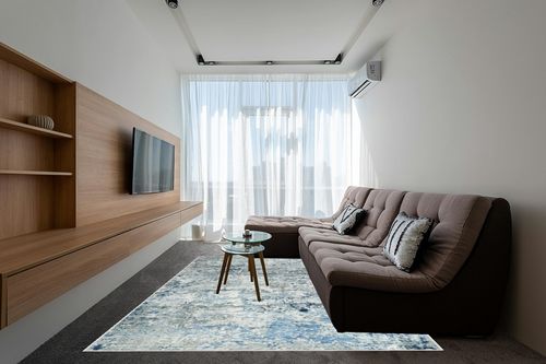Miukiki 8x10 Area Rugs for Living Room,Anti-Slip Backing Washable Rug,Stain Resistant Modern Abstract Large Area Rug,Ultra-Thin Room Decor Rugs (Blue/Bean Green,8'x10') in Grey Living Room with Brown Couch