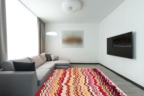 SAFAVIEH Wyndham Collection Area Rug - 8' x 10', Red & Multi, Handmade Modern Wool, Ideal for High Traffic Areas in Living Room, Bedroom (WYD317B) in Modern Living Room with Grey Couch