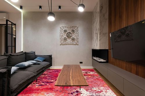 SAFAVIEH Madison Collection Area Rug - 8' x 10', Red & Ivory, Modern Boho Abstract Design, Non-Shedding & Easy Care, Ideal for High Traffic Areas in Living Room, Bedroom (MAD440Q) in Dark Wood Living Room with Black Couch