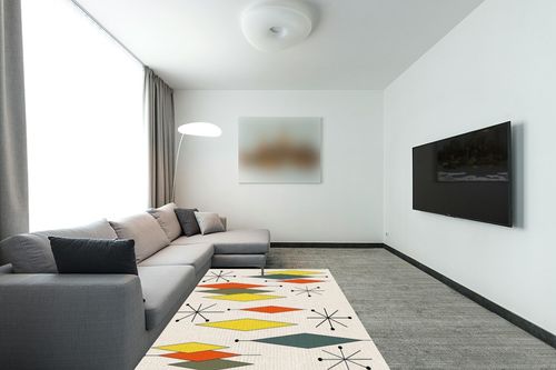 ARTSHOWING Europen Modern Mid Century Large Area Rug 5' x 7', Durable Indoor Outdoor Rugs with Non-Slip Backing for Bedroom Living Room Nursery Kids Home Decor, Orange Yellow Green Prismatic in Modern Living Room with Grey Couch