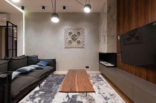 LUXE WEAVERS Euston Collection Gray-Gray 8x10 Modern Abstract Area Rug in Dark Wood Living Room with Black Couch