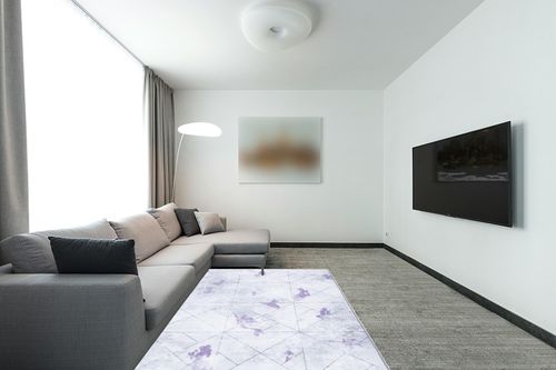 SAFAVIEH Disney Princess Collection Machine Washable Slip Resistant 5' x 7' Grey/Purple Enchanted Kids Bedroom Nursery Playroom Area Rug in Modern Living Room with Grey Couch