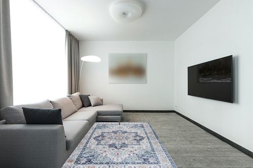 Gertmenian Boho Area Rug, 5x7 Standard, Home Decor for Entryway, Bedroom, Living Room, Office, Kitchen, Non Slip, Soft, Low-Pile, Printed Indoor Accent Rugs, Center Medallion, Zeno Blue, 25044 in Modern Living Room with Grey Couch