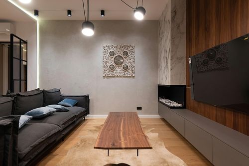 Loloi II Grand Canyon Collection GC-09 TAN, Transitional 6'-2" x 8' Area Rug in Dark Wood Living Room with Black Couch