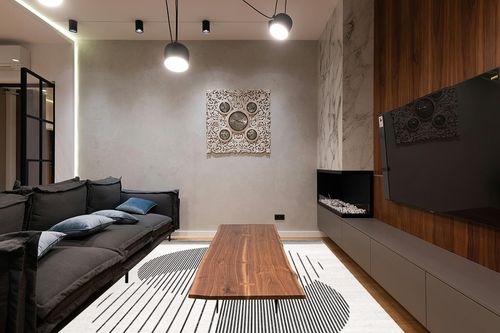 nuLOOM Leah Machine Washable Geometric Moon Phase Area Rug, 8x10, Grey in Dark Wood Living Room with Black Couch