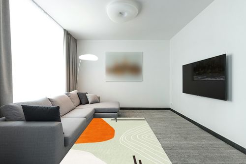 Safavieh Rodeo Drive Collection Area Rug - 5' x 8', Green & Rust, Handmade Mid-Century Modern Abstract Wool, Ideal for High Traffic Areas in Living Room, Bedroom (RD860Y) in Modern Living Room with Grey Couch