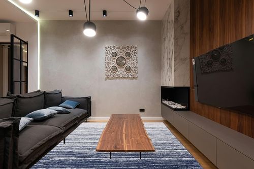 SAFAVIEH Adirondack Collection Area Rug - 9' x 12', Navy & Ivory, Modern Ombre Design, Non-Shedding & Easy Care, Ideal for High Traffic Areas in Living Room, Bedroom (ADR113N) in Dark Wood Living Room with Black Couch