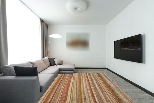 SAFAVIEH Striped Kilim Collection 8' x 10' Beige STK311A Handmade Flatweave Wool Area Rug in Modern Living Room with Grey Couch