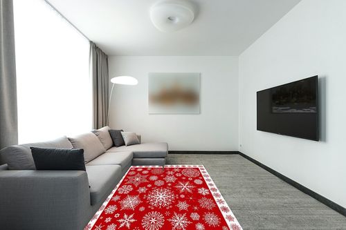 Christmas Area Rug 5 x 8, Washable Bedroom Rug Non-Slip Kitchen Rugs Non Shedding Floor Cover Mat Runner Rug for Living Room Dining Room Outdoor Carpet Seasonal Red Snowflakes Winter Xmas in Modern Living Room with Grey Couch