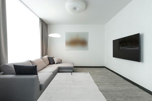 Paris Shag Collection 5' x 8' Sage in Modern Living Room with Grey Couch