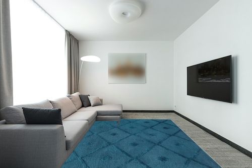 Antep Rugs Palafito 8x10 Geometric Shag Diamond High-Low Pile Textured Indoor Area Rug (Teal Blue, 7'10" x 10') in Modern Living Room with Grey Couch