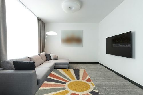 Balta Rugs Helia Geometric Sun Shag Area Rug, Multicolor, 5' 3" x 7' in Modern Living Room with Grey Couch