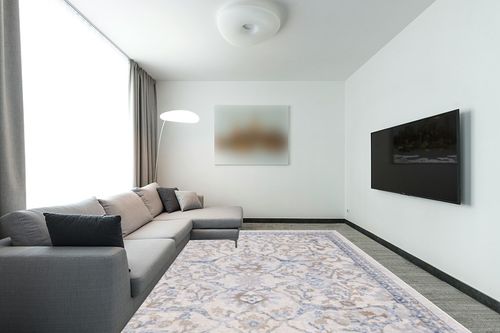 Safavieh Palma Collection Area Rug - 9' x 12', Beige & Light Blue, Oriental Design, Non-Shedding & Easy Care, Ideal for High Traffic Areas in Living Room, Bedroom (PAM336A) in Modern Living Room with Grey Couch