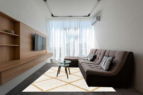 SAFAVIEH Hudson Shag Collection Area Rug - 8' x 10', Ivory & Gold, Modern Trellis Design, Non-Shedding & Easy Care, 2-inch Thick Ideal for High Traffic Areas in Living Room, Bedroom (SGH281E) in Grey Living Room with Brown Couch