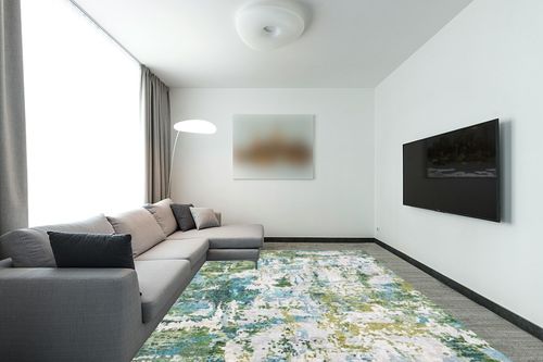Area Rug Living Room Rugs - 9x12 Washable Large Modern Abstract Soft No Slip Indoor Rug Thin Floor Carpet for Bedroom Under Dining Table Home Office Decor - Green Turquoise in Modern Living Room with Grey Couch