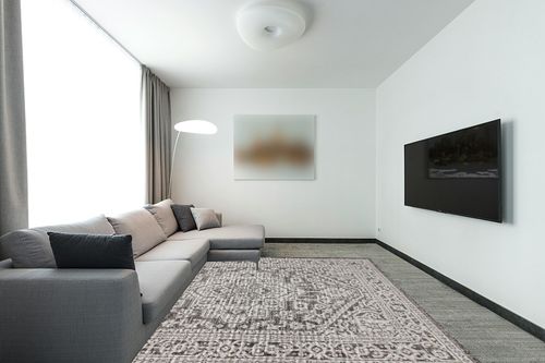 JONATHAN Y SMB101D-8 Sinjuri Medallion Textured Weave Indoor/Outdoor Gray/Black 8 ft. x 10 ft. Area-Rug, Coastal,Easy-Cleaning,HighTraffic,LivingRoom,Backyard, Non Shedding in Modern Living Room with Grey Couch