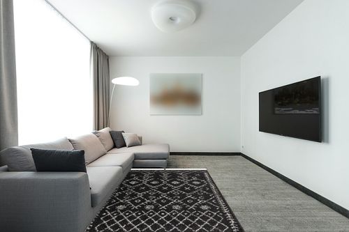 Hauteloom Berber Shag Collection - Thetford Farmhouse Living Room Bedroom Area Rug with Tassel - Fluffy Plush High Pile Carpet - Soft Shaggy Rug, Moroccan Trellis - Black, White, Beige - 5'3" x 7'3" in Modern Living Room with Grey Couch