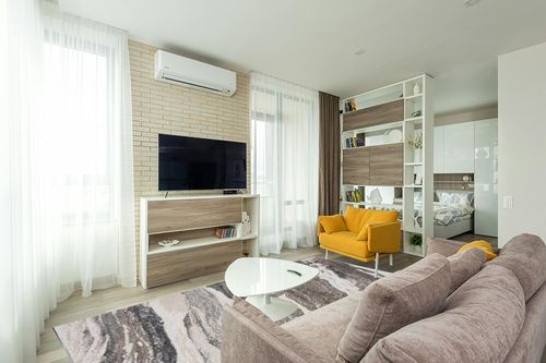 Blue Art Deco Stain Resistant Kitchen, Dining Room Area Rug in Light Modern Living Room with TV