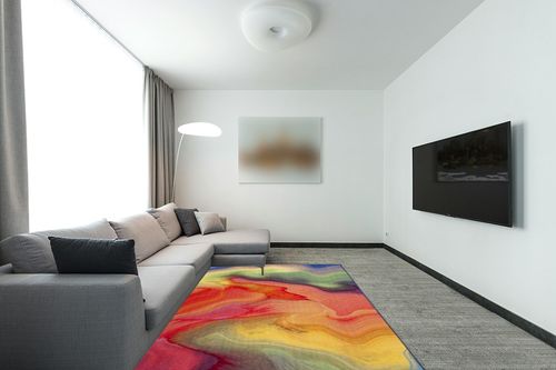 SAFAVIEH Paint Brush Collection Area Rug - 5'5" x 7'6", Fuchsia & Yellow, Non-Shedding Machine Washable & Slip Resistant Ideal for High Traffic Areas in Living Room, Bedroom (PTB123A) in Modern Living Room with Grey Couch