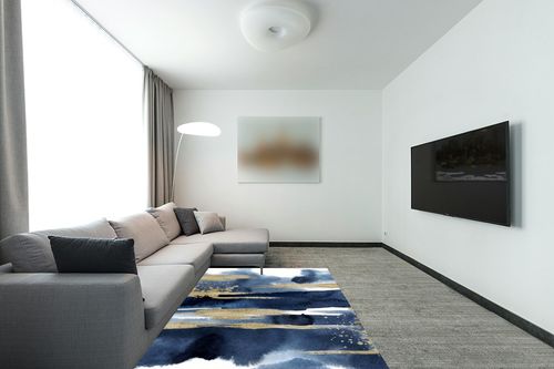 Navy Blue Gold Modern Distressed Aesthetic Area Rug for Living Room Bedroom Dining Room Home Office Bathroom Ultra Washable 5x7 Carpet Kitchen Soft Runner Rug in Modern Living Room with Grey Couch