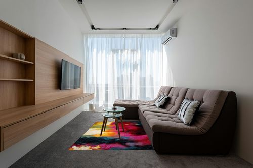 Home Dynamix Splash Mondrian Area Rug 5'2"x7'2", Abstract Black/Blue/Pink/Yellow in Grey Living Room with Brown Couch