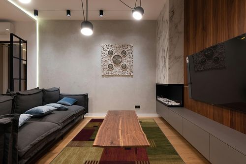 Mohawk Home Alliance Modern Geometric 6' x 9' Area Rug - Red - Perfect for Living Room, Dining Room, Office in Dark Wood Living Room with Black Couch