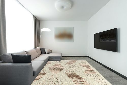 Crista Abstract Polka Dots Shag Area Rug Langley Street Rug Size: Rectangle 7'10 ... in Modern Living Room with Grey Couch