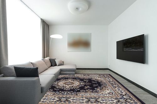 Home Dynamix Premium Sakarya Traditional Medallion Border Area Rug, Navy Blue, 7'8"x10'7" Rectangle in Modern Living Room with Grey Couch