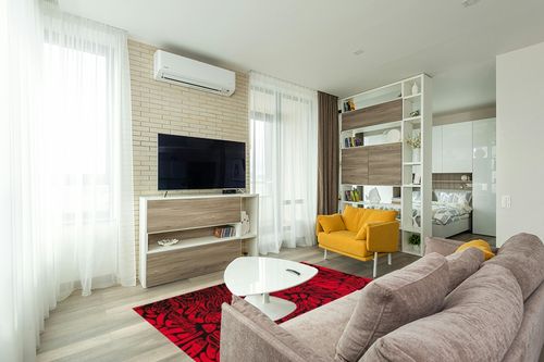 Antep Rugs Floral 5x7 Abstract Indoor Area Rug Siesta (Red Black, 5'3" x 7') in Light Modern Living Room with TV