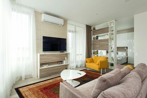 Home Dynamix Royalty Vega Contemporary Geometric Area Rug, Black/Brown, 7'8"x10'4" in Light Modern Living Room with TV