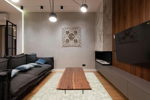 MARTHA STEWART Safavieh Collection by SAFAVIEH 6' x 9' Ivory/Green MSR3511Y Handmade Contemporary Wool Area Rug in Dark Wood Living Room with Black Couch