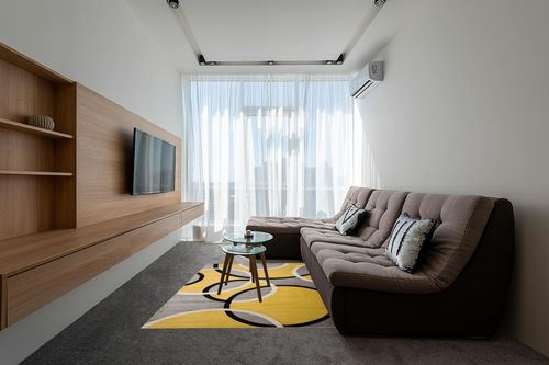 Yellow Contemporary Stain Resistant, non slip Area Rug in Grey Living Room with Brown Couch