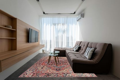 Artistic Weavers Reeta Printed Medallion Area Rug,7'6" x 9'6",Bright Red/Wheat in Grey Living Room with Brown Couch