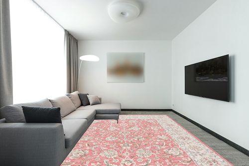 SAFAVIEH Glamour Collection Area Rug - 9' x 12', Pink & Beige, Handmade Wool, Ideal for High Traffic Areas in Living Room, Bedroom (GLM628U) in Modern Living Room with Grey Couch