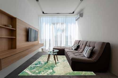 SAFAVIEH Madison Collection Area Rug - 8' x 10', Green & Ivory, Modern Abstract Design, Non-Shedding & Easy Care, Ideal for High Traffic Areas in Living Room, Bedroom (MAD499Y) in Grey Living Room with Brown Couch