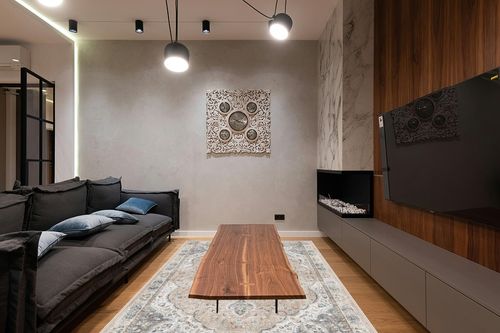 befbee 6x9 Area Rugs for Living Room - Stain Resistant Machine Washable Rugs for Bedroom,Non-Slip Backing Large Area Rug (Pink/Gray, 6'x9') in Dark Wood Living Room with Black Couch