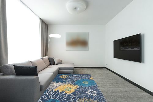 Nourison Passion Blue 5'3" x 7'3" Area-Rug, Floral, Farmhouse, Easy-Cleaning, Non Shedding, Bed Room, Living Room, Dining Room, Kitchen, (5' x 7') in Modern Living Room with Grey Couch