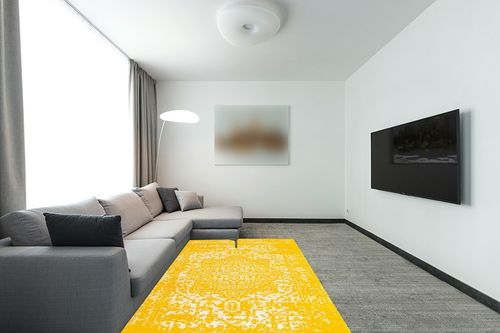 Rugs.com Arlington Collection Rug – 5' x 8' Yellow Medium-Pile Rug Perfect for Living Rooms, Large Dining Rooms, Open Floorplans in Modern Living Room with Grey Couch