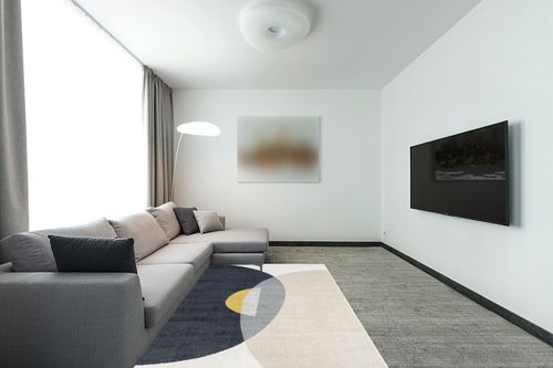 Abani Geometric Beige/Charcoal Yellow Area Rug - 5'x 8' - Modern Half-Moon Design Mid-Century Deco - Easy to Clean - Durable for High Traffic Areas – Bedroom & Office - Medium Pile in Modern Living Room with Grey Couch