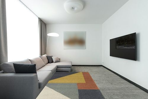 Amancia Mustard Modern Geometric Shag Area Rug Wade Logan Rug Size: Rectangle 5'3 ... in Modern Living Room with Grey Couch