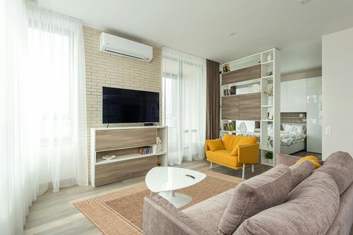 nuLOOM Asha Simple Border Indoor/Outdoor Area Rug, 5' x 8', Light Brown in Light Modern Living Room with TV