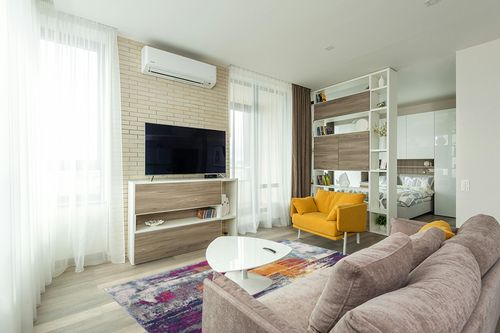 RUG BRANCH Savannah Abstract Mid-Century Modern Purple Orange Indoor Area Rug for Living Room, Bedroom, Dining Room, and Kitchen - 5' x 7' (5'3" X 7'7") in Light Modern Living Room with TV