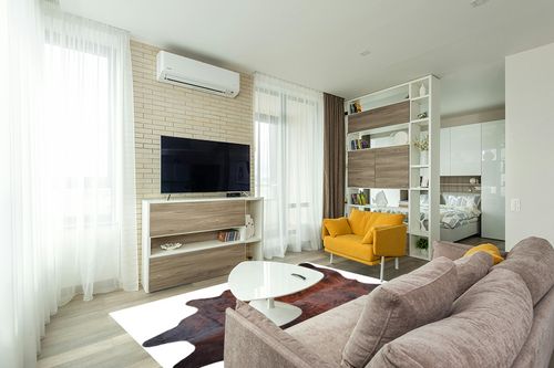 Genuine Brindle Dark Reddish Cowhide Rug XL Size 6 x 7-8 ft. 180 x 240 cm in Light Modern Living Room with TV