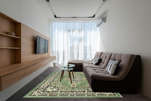 Antep Rugs Oriental 8x10 Traditional Medallion Indoor Area Rug Siesta (Green Beige, 7'10" x 10') in Grey Living Room with Brown Couch