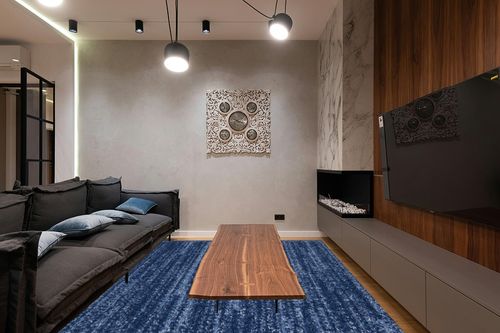 Nourison Essentials Indoor/Outdoor Navy Blue 8' x 10' Area Rug, Easy -Cleaning, Non Shedding, Bed Room, Living Room, Dining Room, Backyard, Deck, Patio (8x10) in Dark Wood Living Room with Black Couch