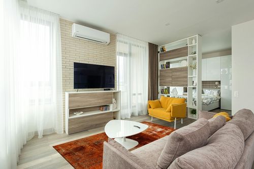 Rectangular Area Rug for Living Room, Bedroom, Burnt Orange Non-Slip Residential Carpet, Kitchen Rugs, Modern Abstract Geometric Art Oil Painted Floor Mat with Rubber Backing 5' x 8' in Light Modern Living Room with TV