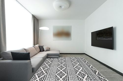 Ivory/Black Moroccan Non Slip Living Room Area Rug in Modern Living Room with Grey Couch