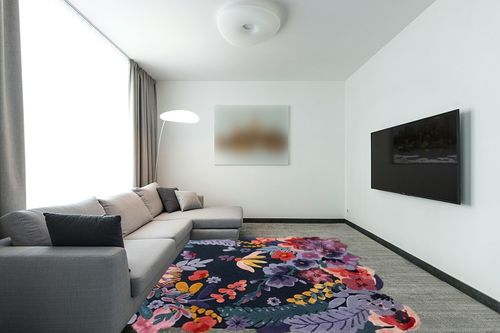 Restoration and Renovation Handmade Flower Multicoloured Irregular Area Rug 100% Imported Blended Wool Floral Area Rug (Navy, 9x6 ft) in Modern Living Room with Grey Couch